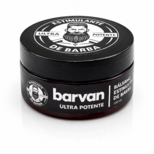 Tarro negro de bálsamo estimulante para barba de 100 ml con etiqueta blanca y negra que muestra el logotipo de Barvan y la de un hombre barbudo.